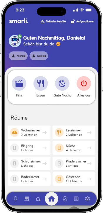 Startseite und Begrüssung in der Smart Home App von smarli.