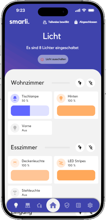 Steuerung und Übersicht der Lichter in der Smart Home App von smarli.