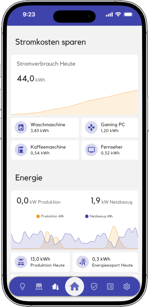 Übersicht über Stromkosten und Sparpotenziale in der Smart Home App von smarli.