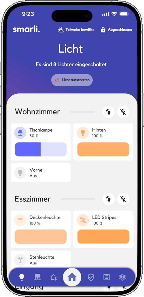 Steuerung und Übersicht der Lichter in der Smart Home App von smarli.