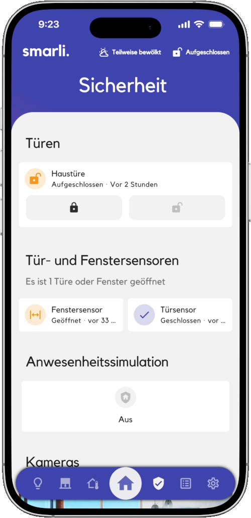 Übersicht über die smarte Türen sowie Tür- und Fenstersensoren in der Smart Home App von smarli.
