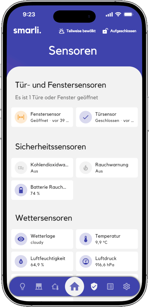 Übersicht über die Sensoren in der Smart Home App von smarli.